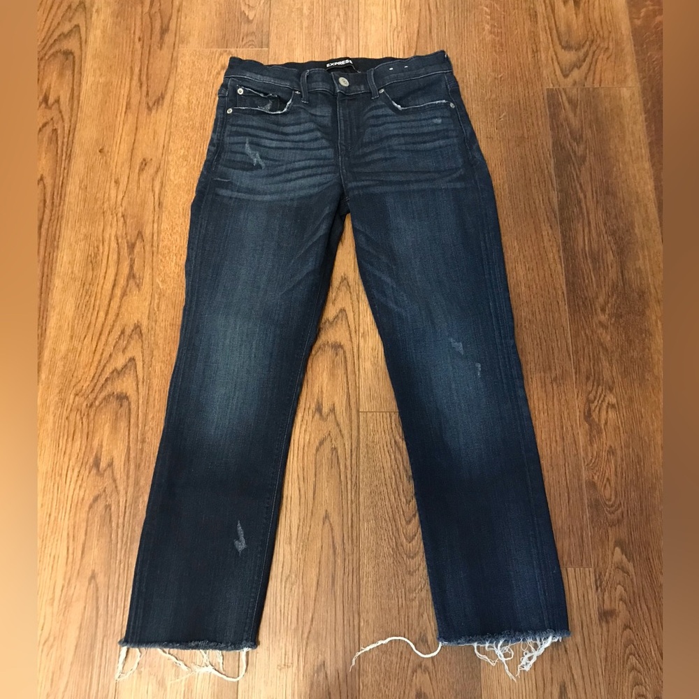 Express Mid Rise Dark Wash Ripped Hem Cropped Performance Skinny Jeans